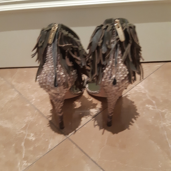 Sergio Rossi snakeskin strappy sexy high heel sandals with leather fringe 9.5 - Picture 11 of 12